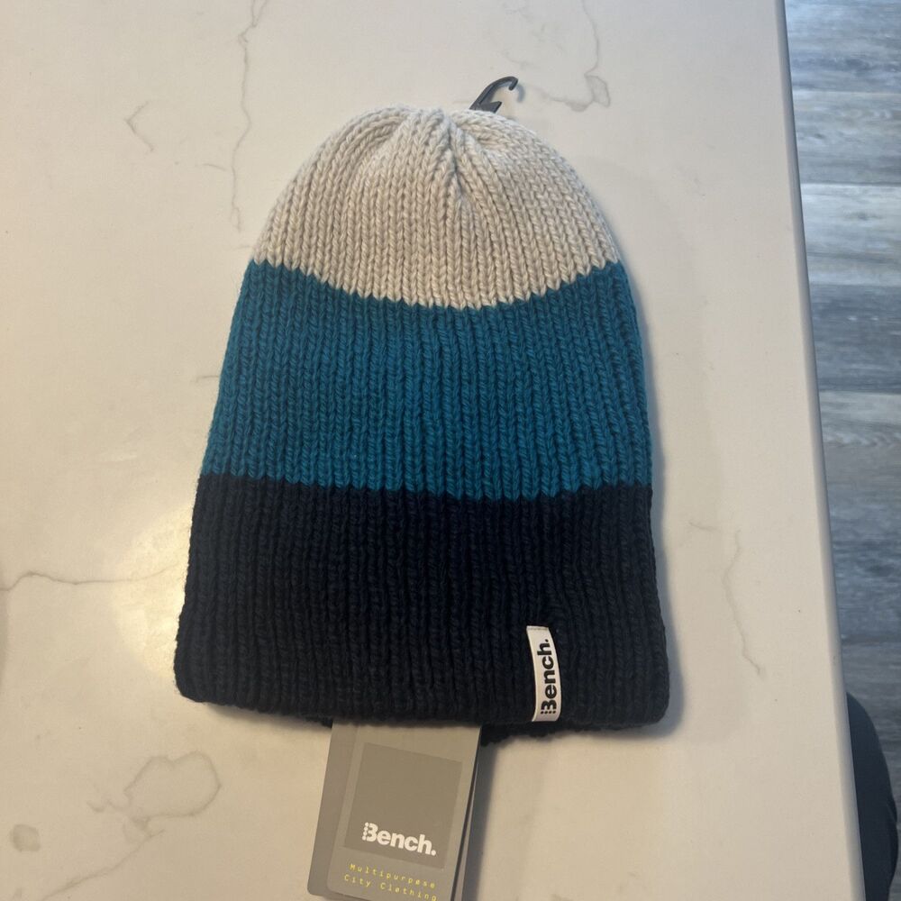 Bench Knitted Slouchy Blue And White Stripped Beanie Wool And Acrylic Blend